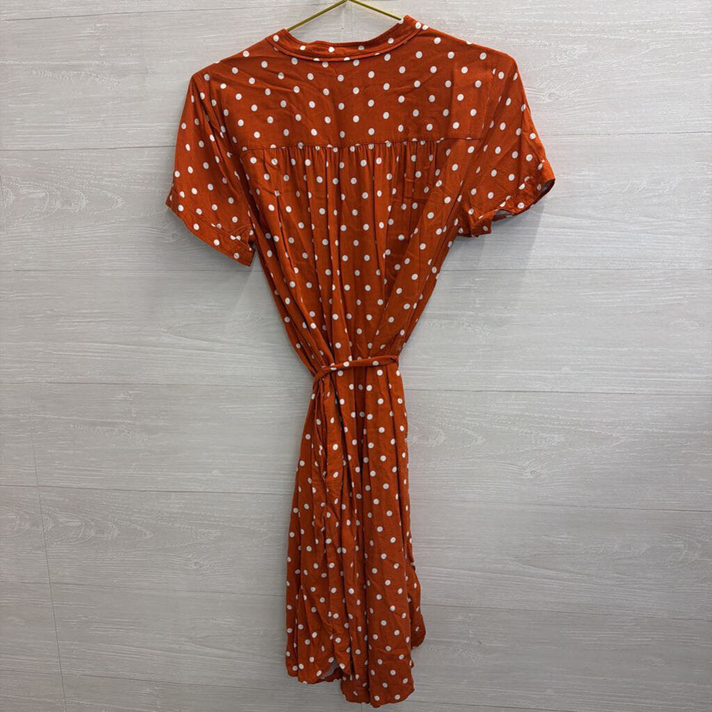 Loft Orange/ White Polka Dot Short Sleeve Tie Waist Dress Small