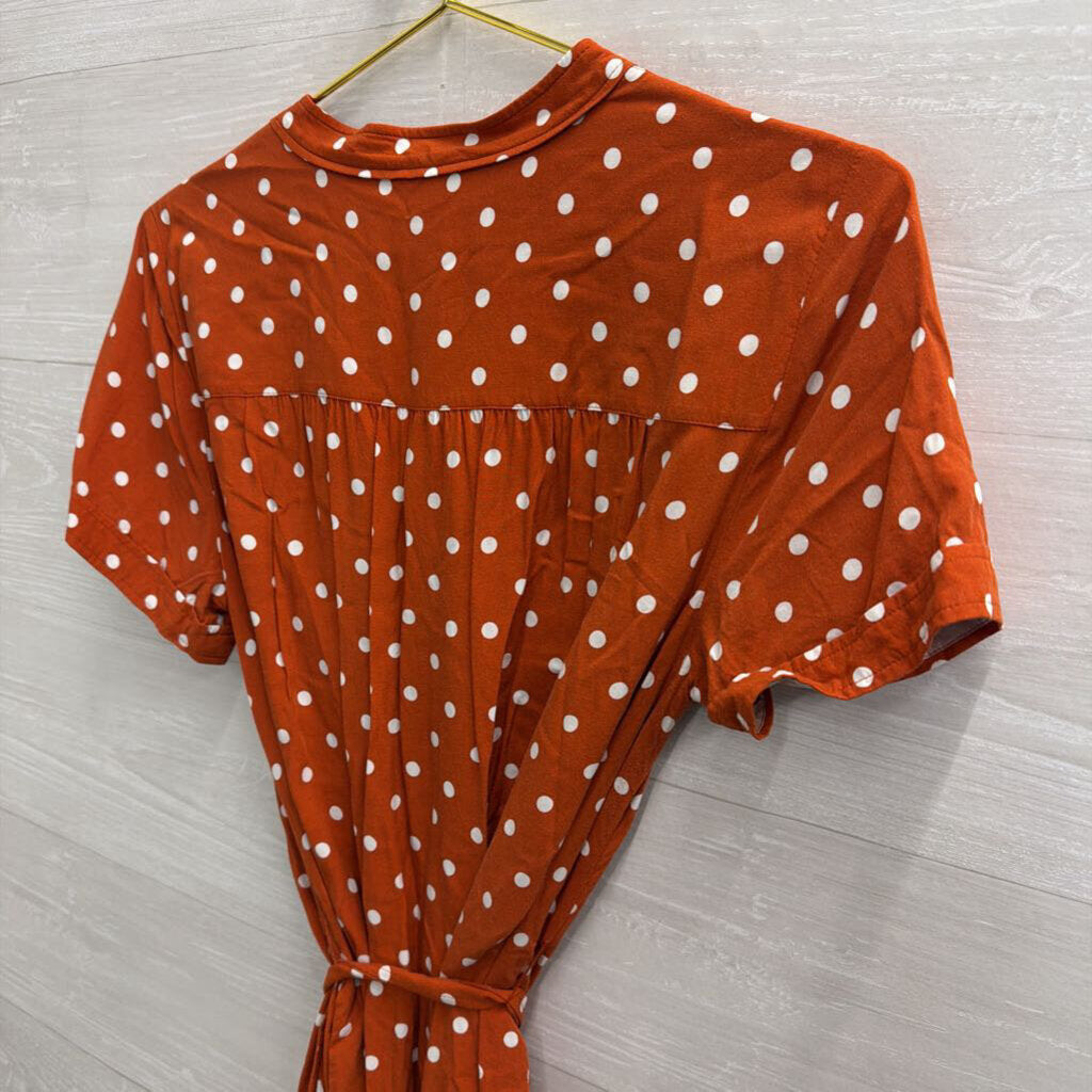 Loft Orange/ White Polka Dot Short Sleeve Tie Waist Dress Small