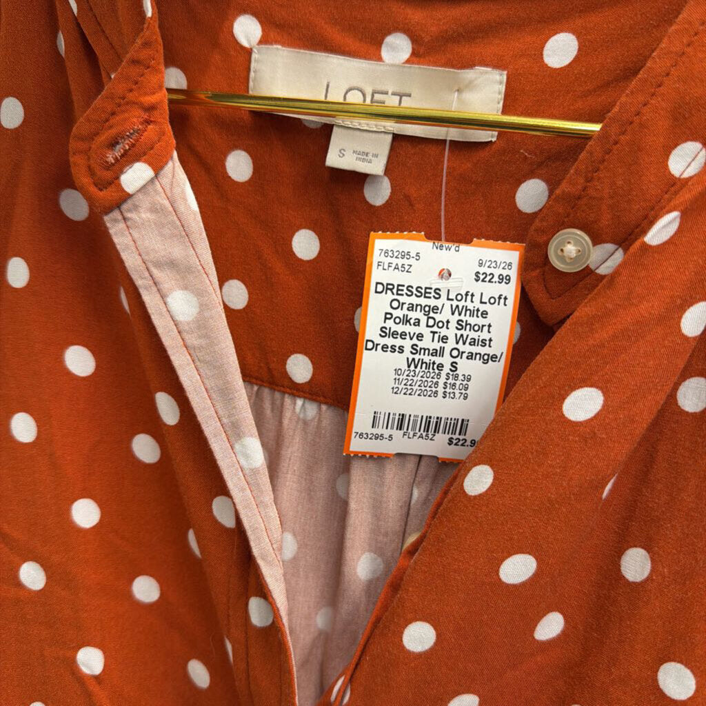 Loft Orange/ White Polka Dot Short Sleeve Tie Waist Dress Small