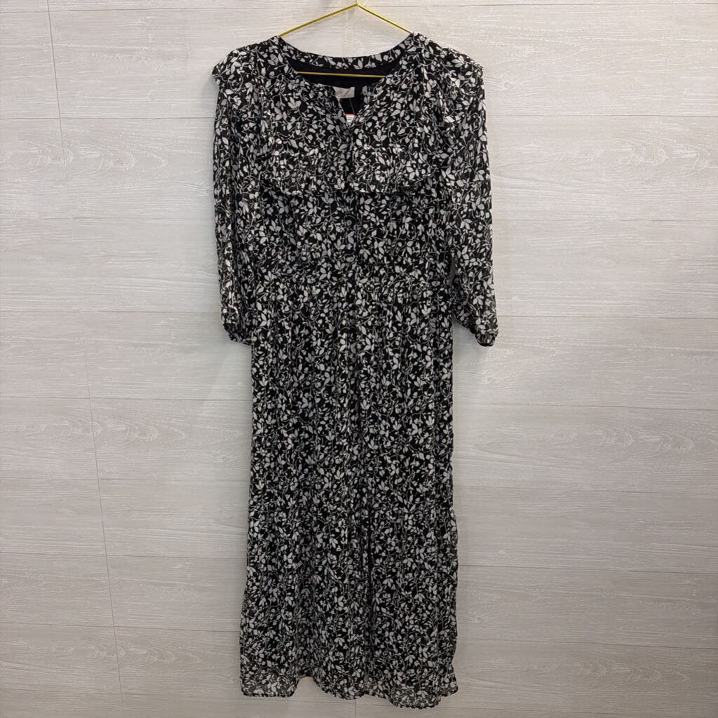 Loft Black/ White Print Long Sleeve Dress Medium
