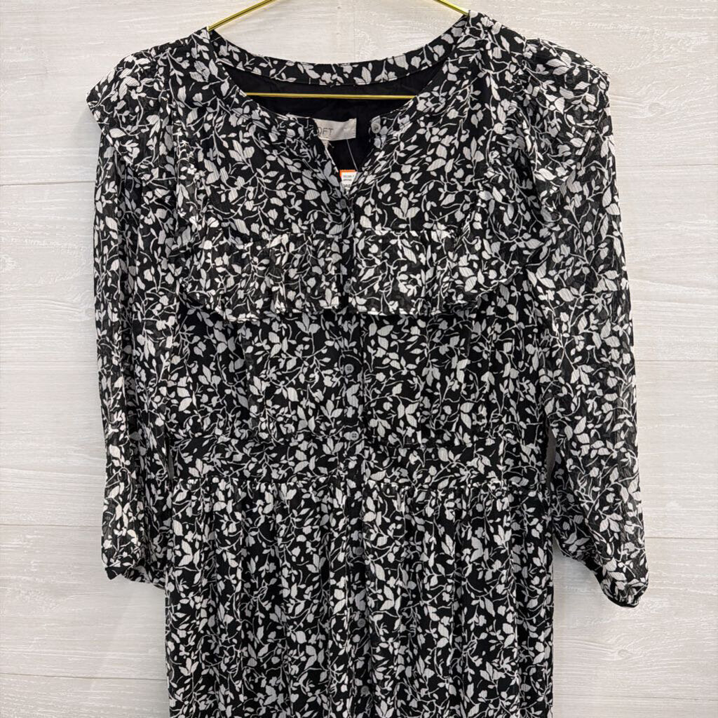 Loft Black/ White Print Long Sleeve Dress Medium