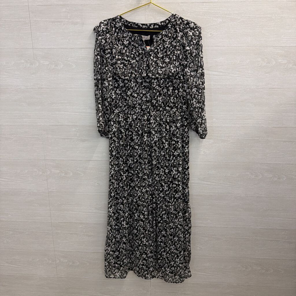 Loft Black/ White Print Long Sleeve Dress Medium