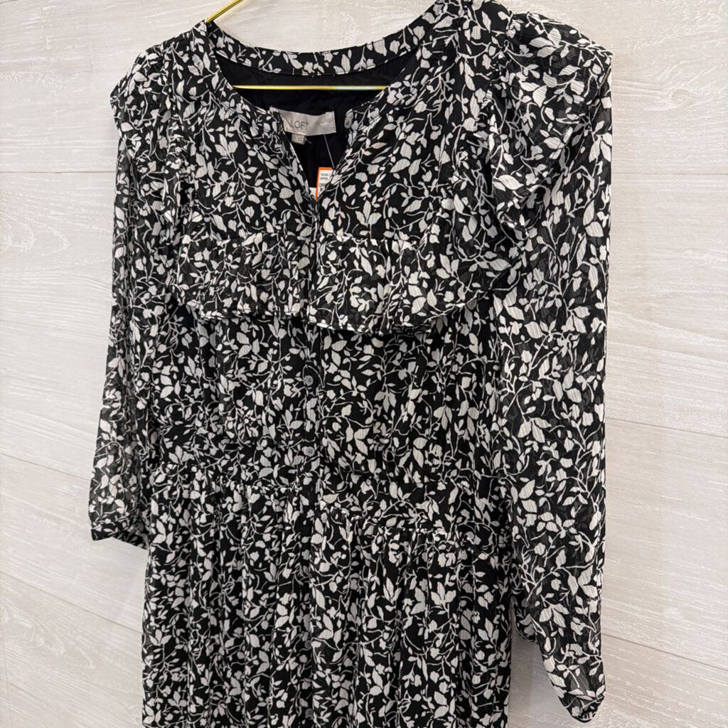 Loft Black/ White Print Long Sleeve Dress Medium