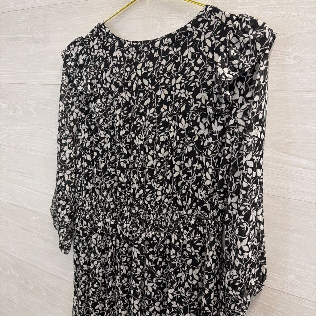 Loft Black/ White Print Long Sleeve Dress Medium