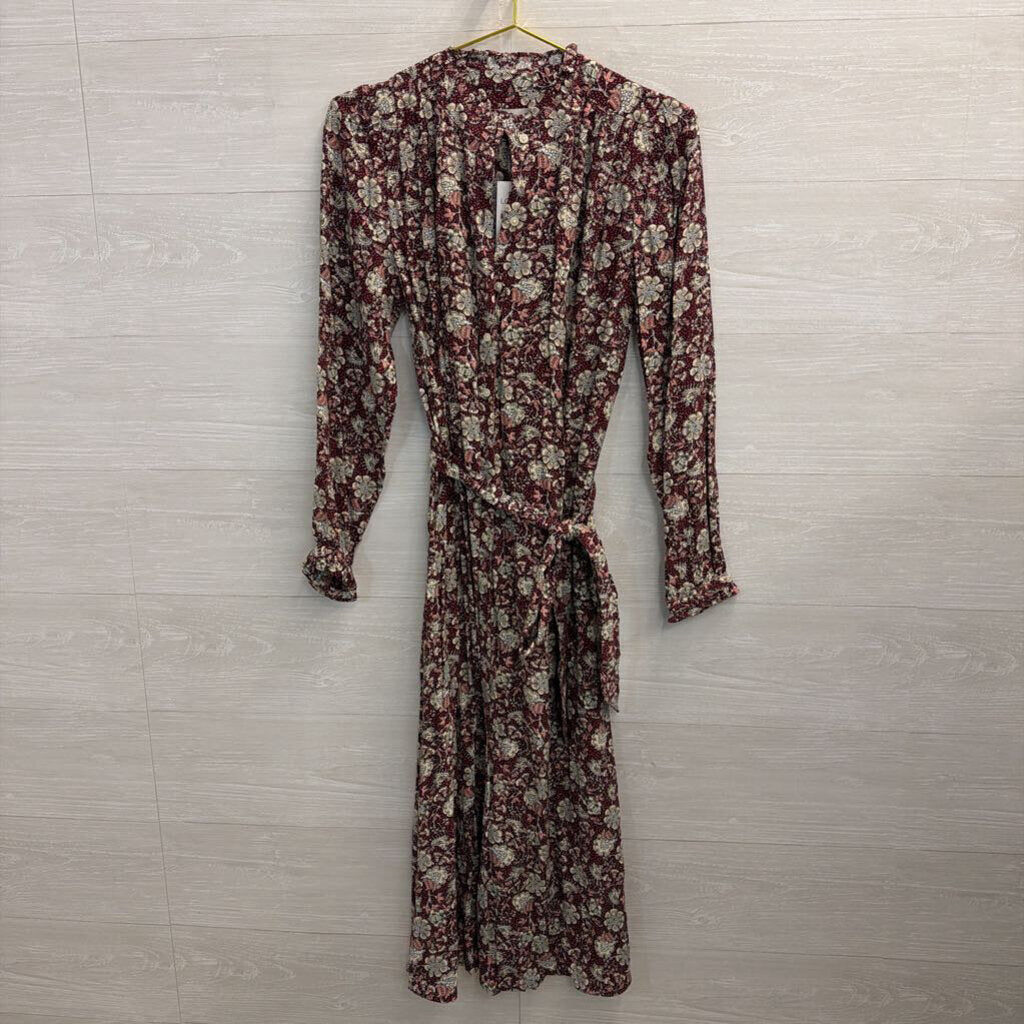 Loft Burgundy/ Cream Print Long Sleeve Dress Small