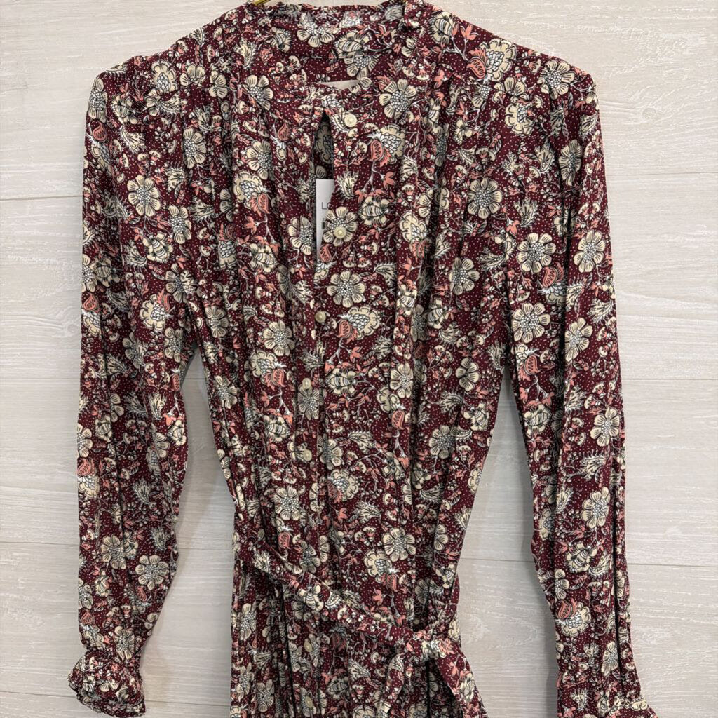 Loft Burgundy/ Cream Print Long Sleeve Dress Small