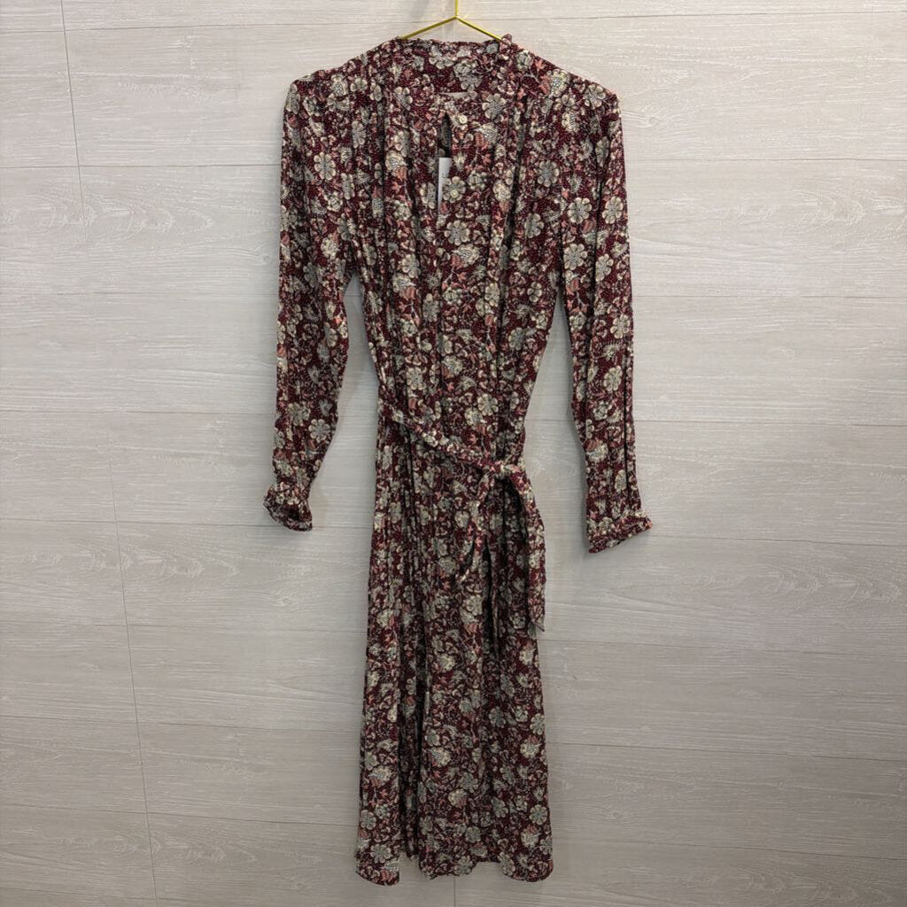 Loft Burgundy/ Cream Print Long Sleeve Dress Small