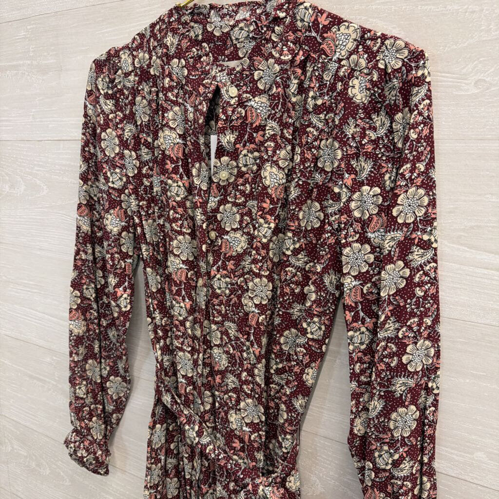 Loft Burgundy/ Cream Print Long Sleeve Dress Small