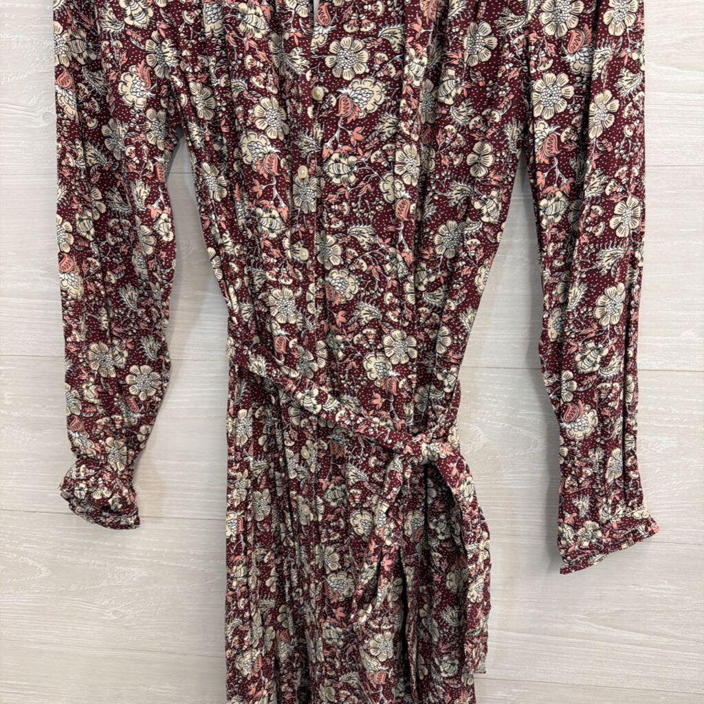 Loft Burgundy/ Cream Print Long Sleeve Dress Small