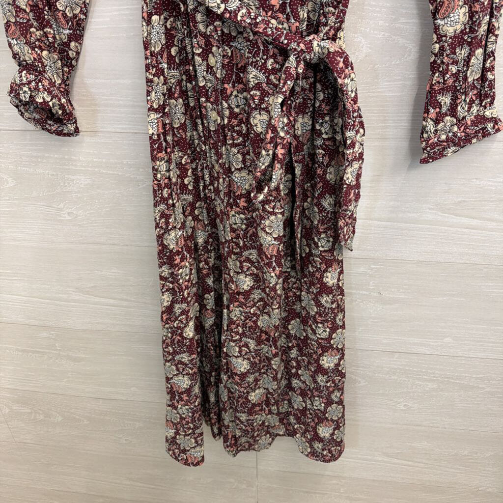 Loft Burgundy/ Cream Print Long Sleeve Dress Small