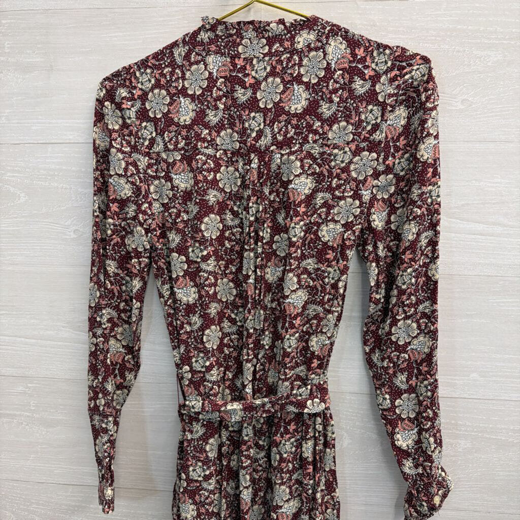 Loft Burgundy/ Cream Print Long Sleeve Dress Small