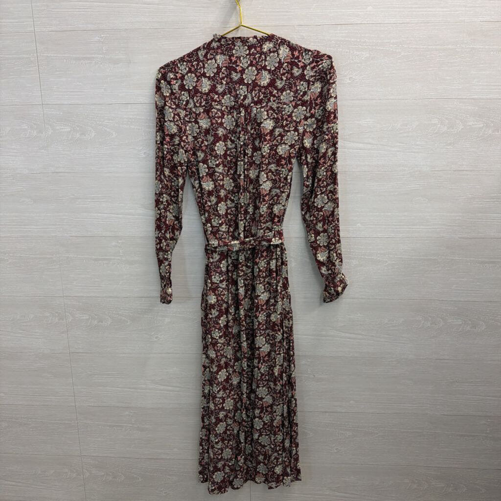 Loft Burgundy/ Cream Print Long Sleeve Dress Small