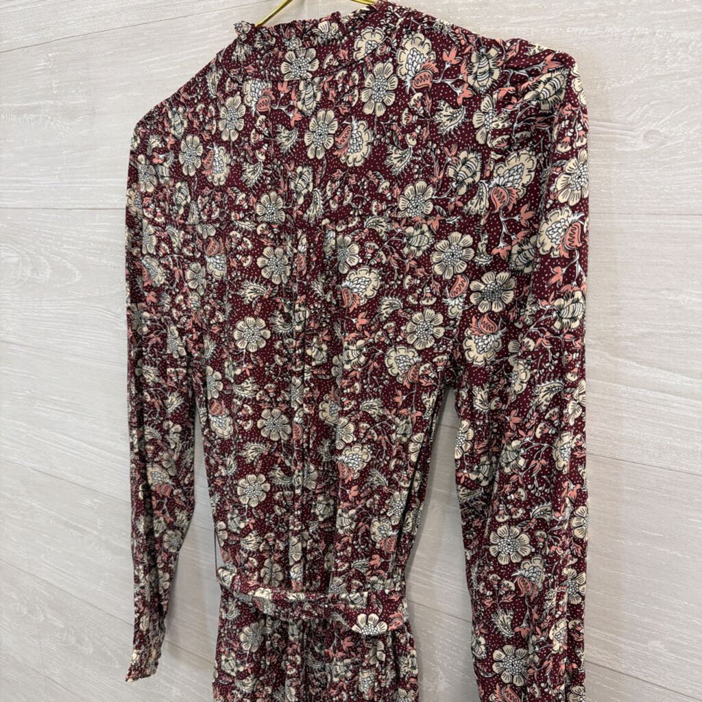 Loft Burgundy/ Cream Print Long Sleeve Dress Small