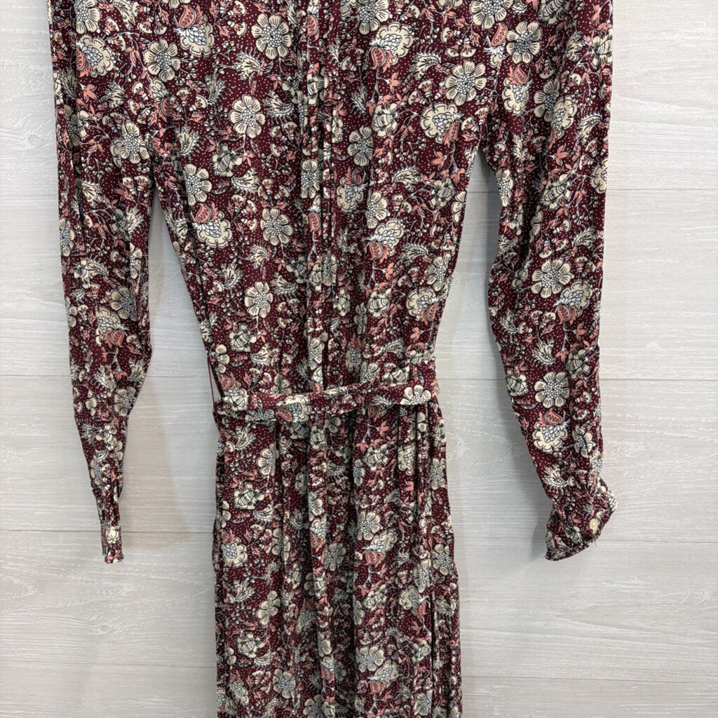 Loft Burgundy/ Cream Print Long Sleeve Dress Small