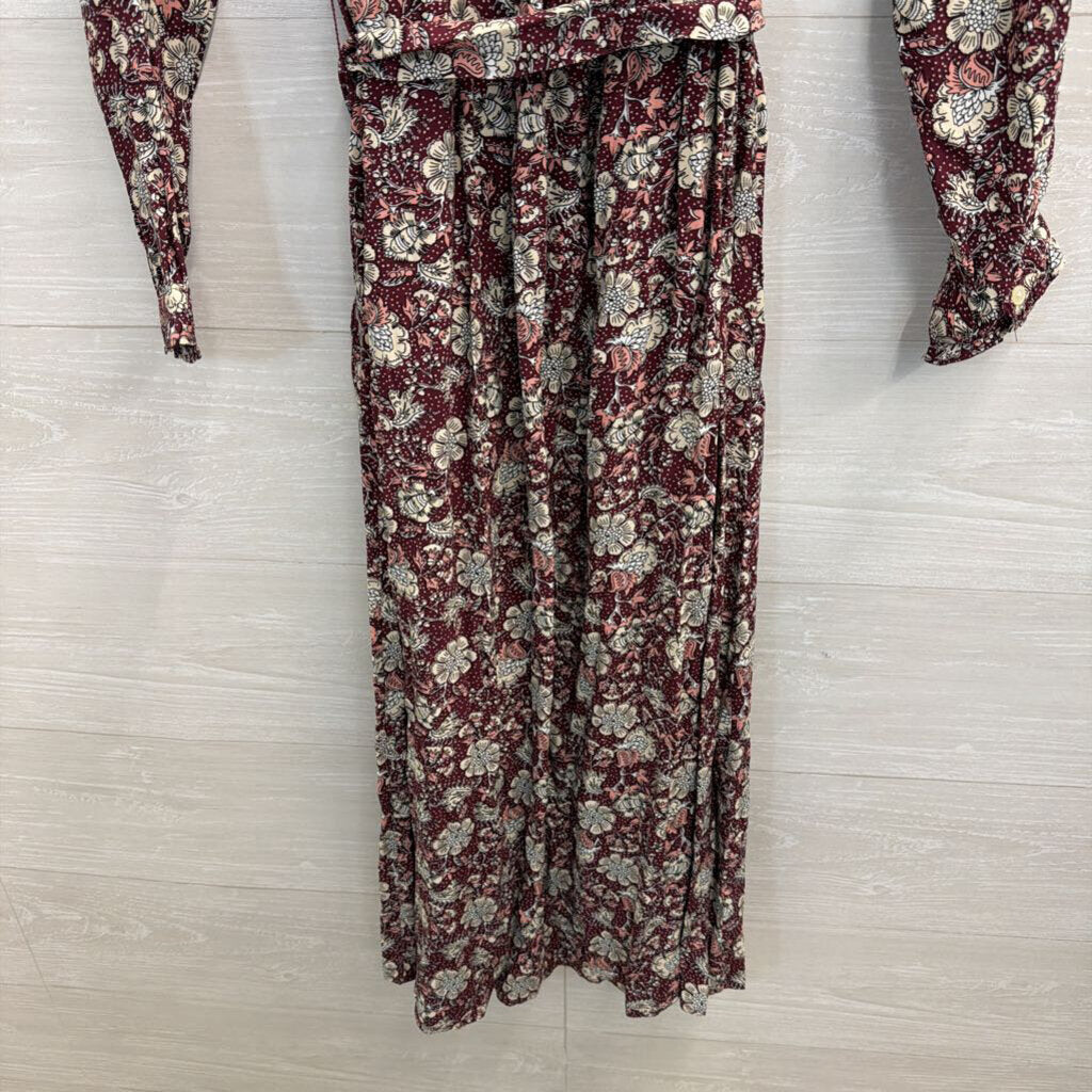 Loft Burgundy/ Cream Print Long Sleeve Dress Small