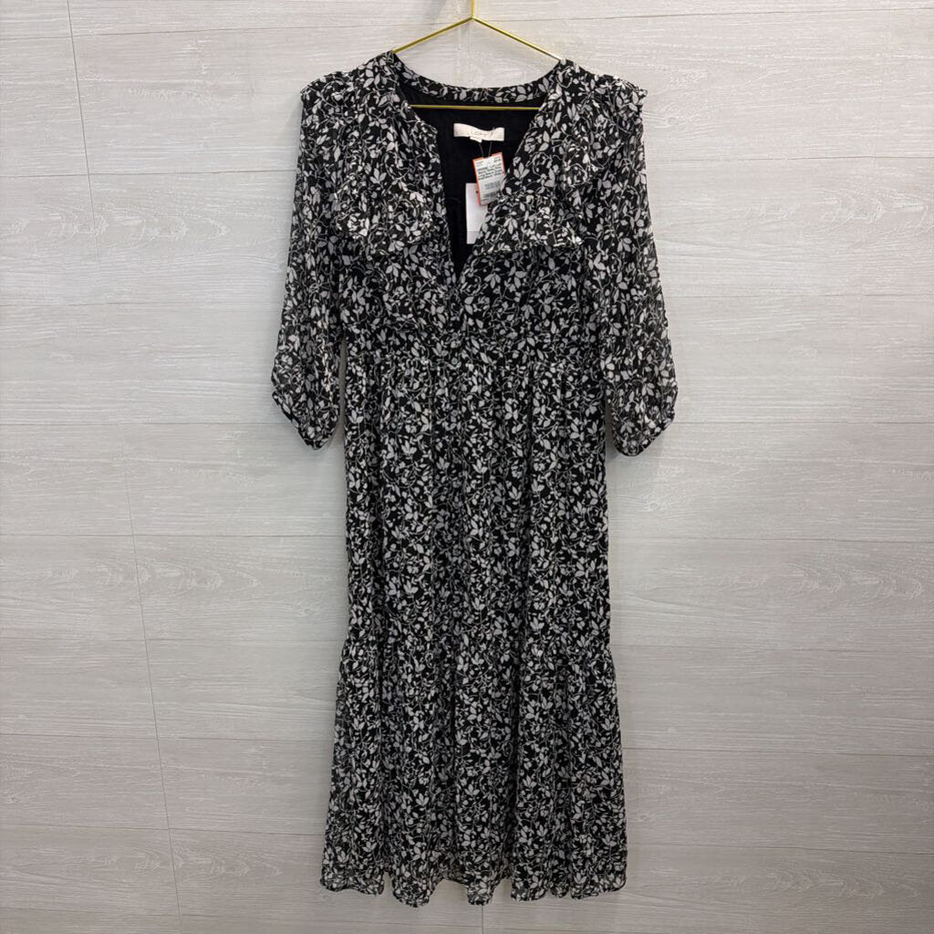 Loft Black/ White Print Long Sleeve Dress Small