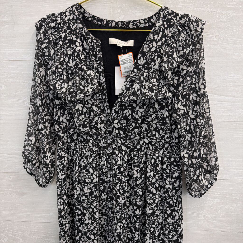 Loft Black/ White Print Long Sleeve Dress Small