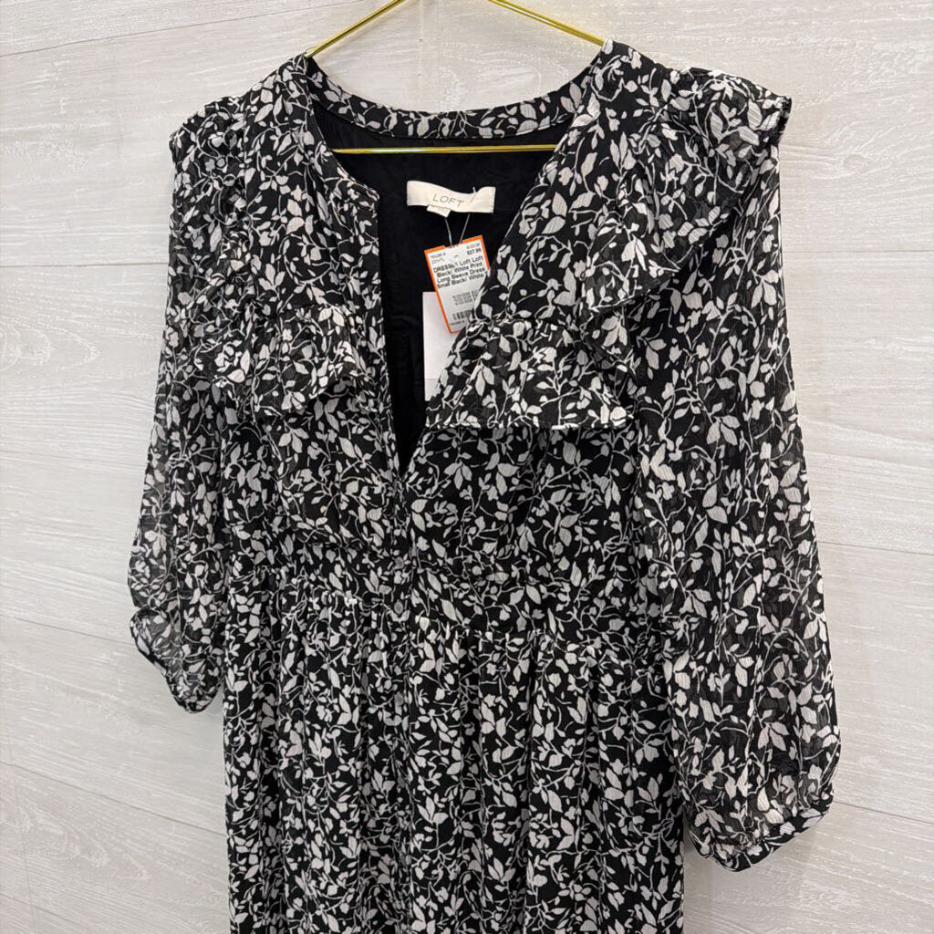Loft Black/ White Print Long Sleeve Dress Small