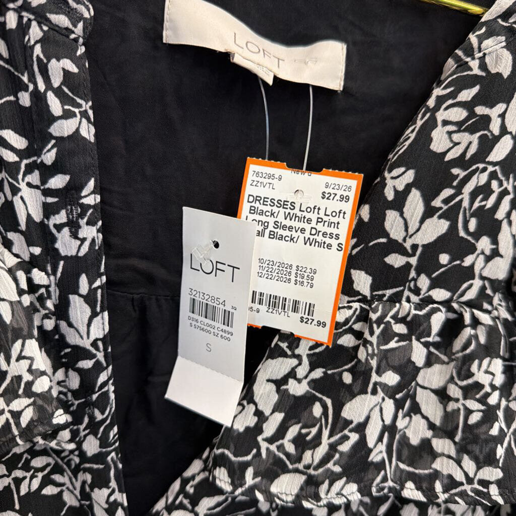 Loft Black/ White Print Long Sleeve Dress Small