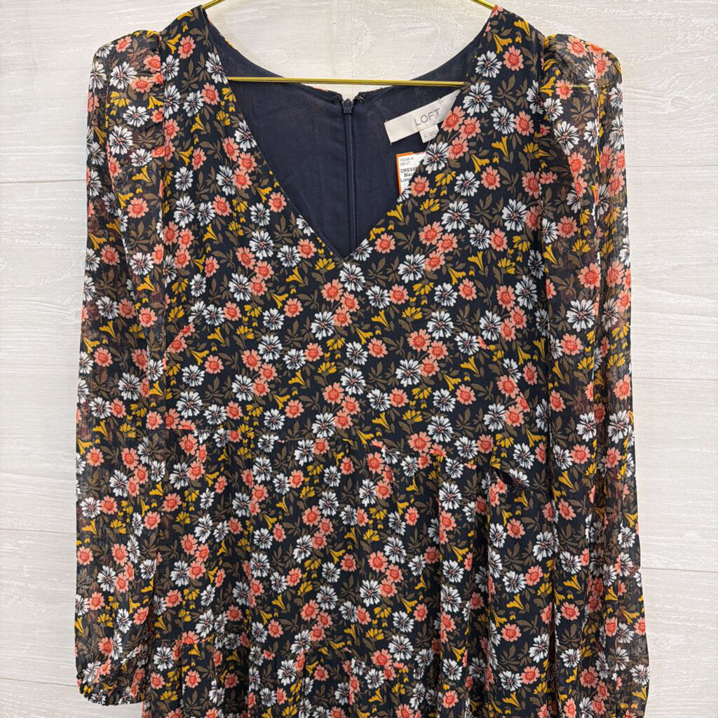 Loft Black/ Multi Print Long Sleeve Dress 6