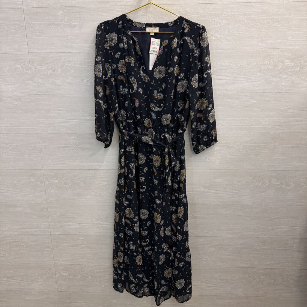 Loft Navy/ White Print Long Sleeve Dress Medium