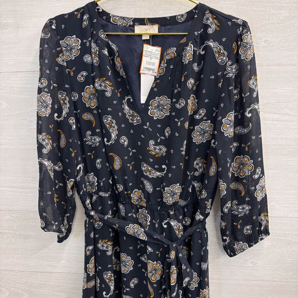 Loft Navy/ White Print Long Sleeve Dress Medium