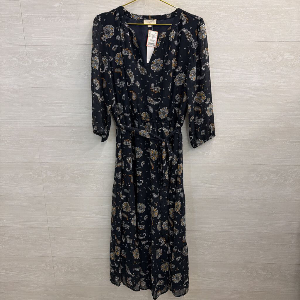 Loft Navy/ White Print Long Sleeve Dress Medium