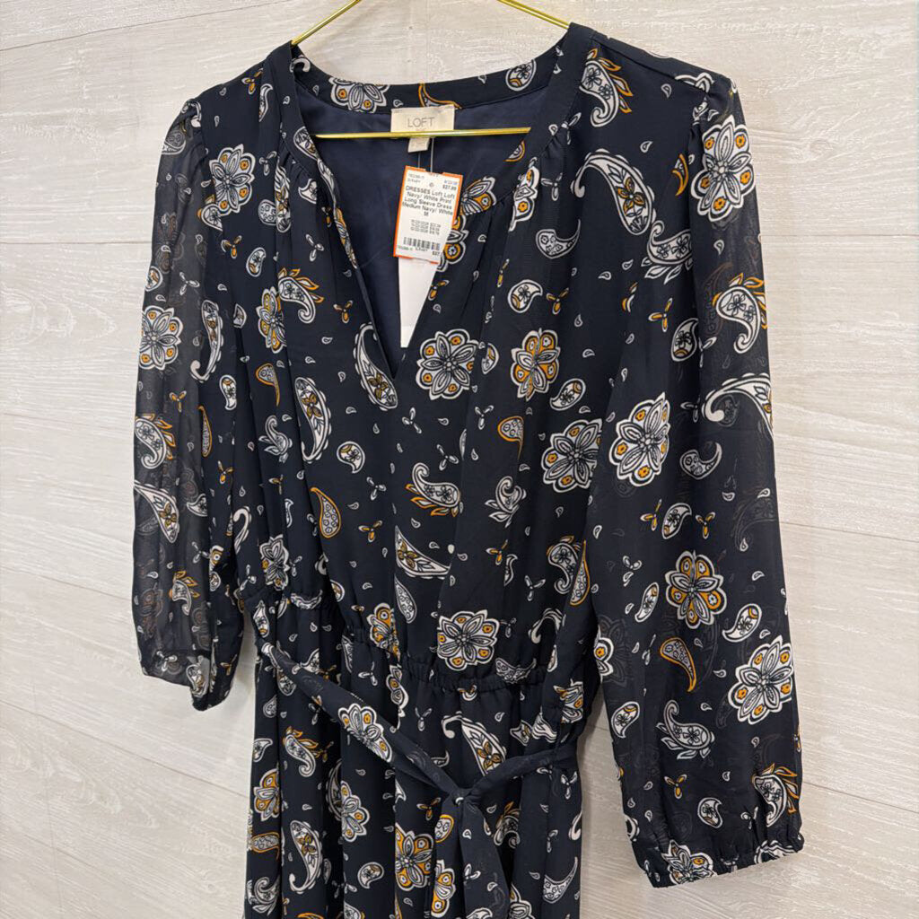 Loft Navy/ White Print Long Sleeve Dress Medium