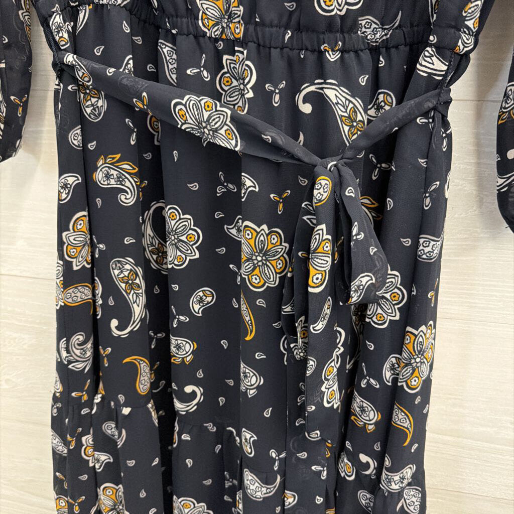 Loft Navy/ White Print Long Sleeve Dress Medium