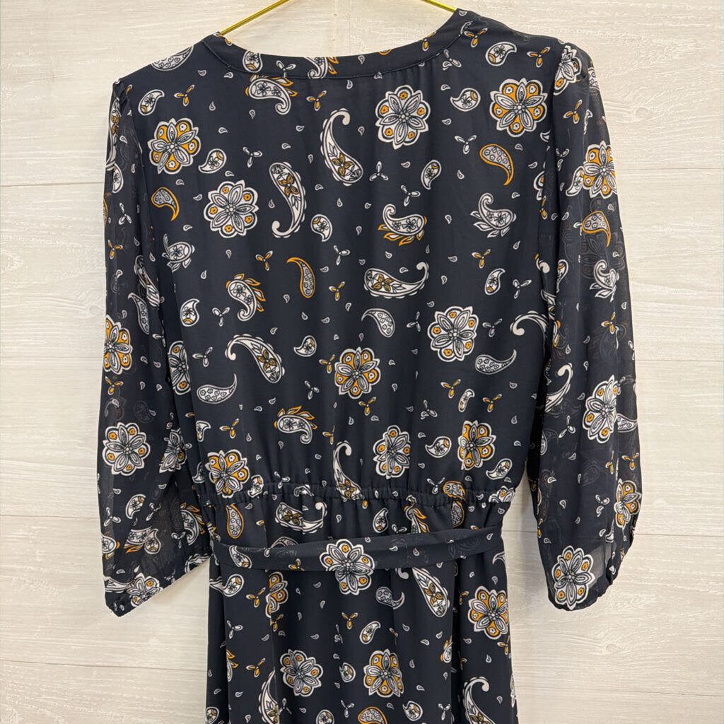 Loft Navy/ White Print Long Sleeve Dress Medium