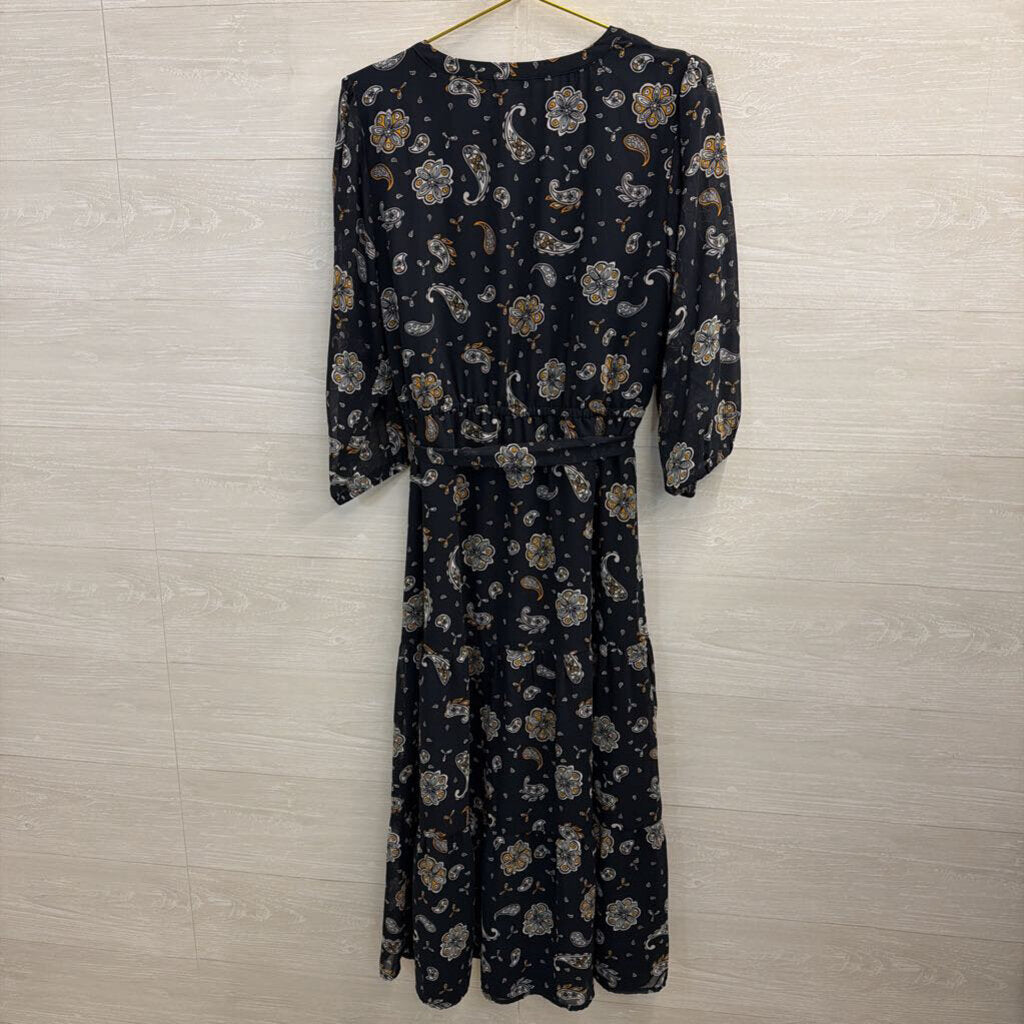 Loft Navy/ White Print Long Sleeve Dress Medium