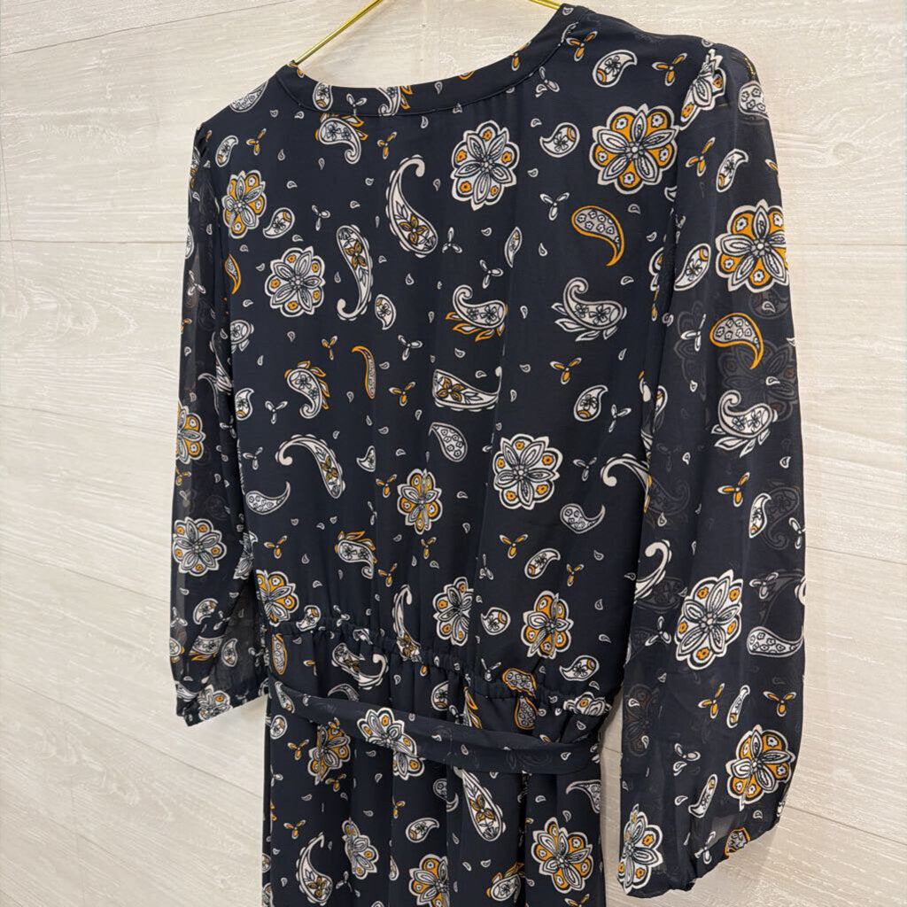 Loft Navy/ White Print Long Sleeve Dress Medium