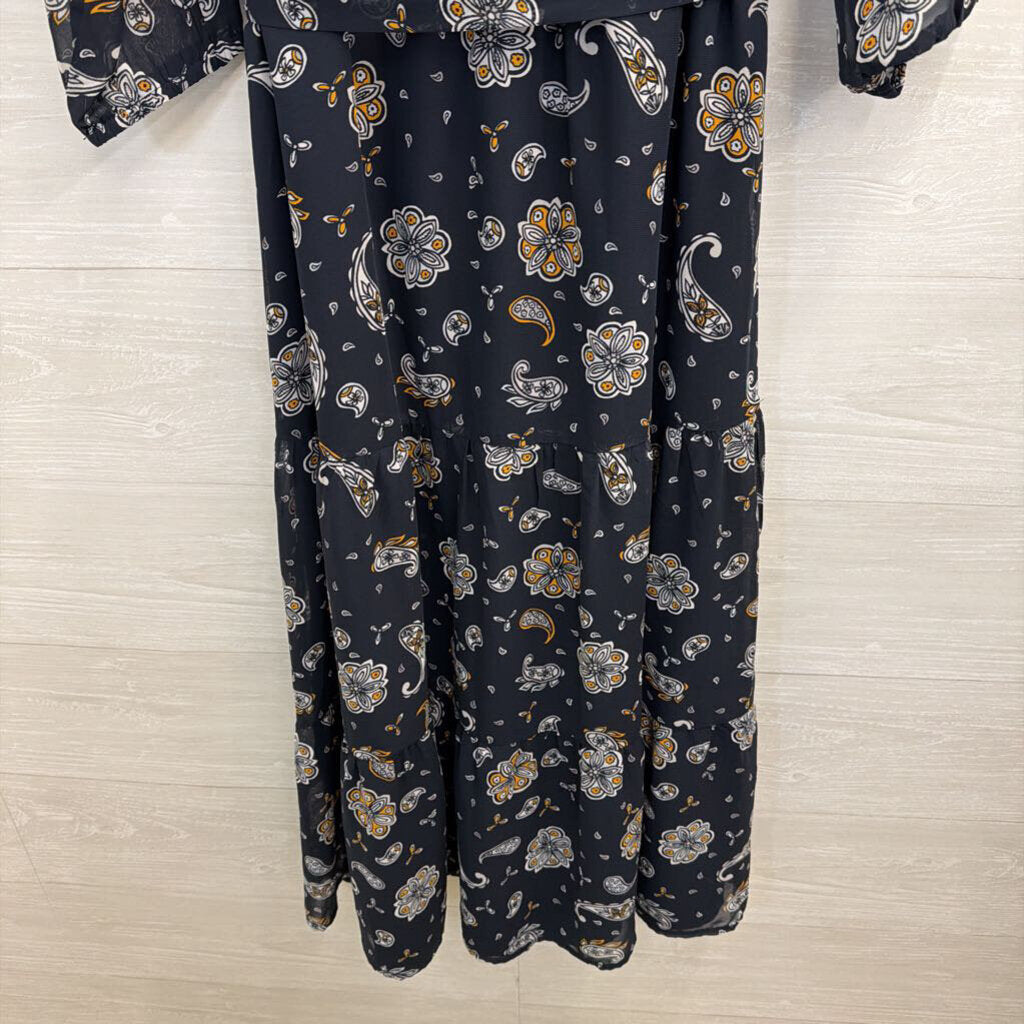 Loft Navy/ White Print Long Sleeve Dress Medium