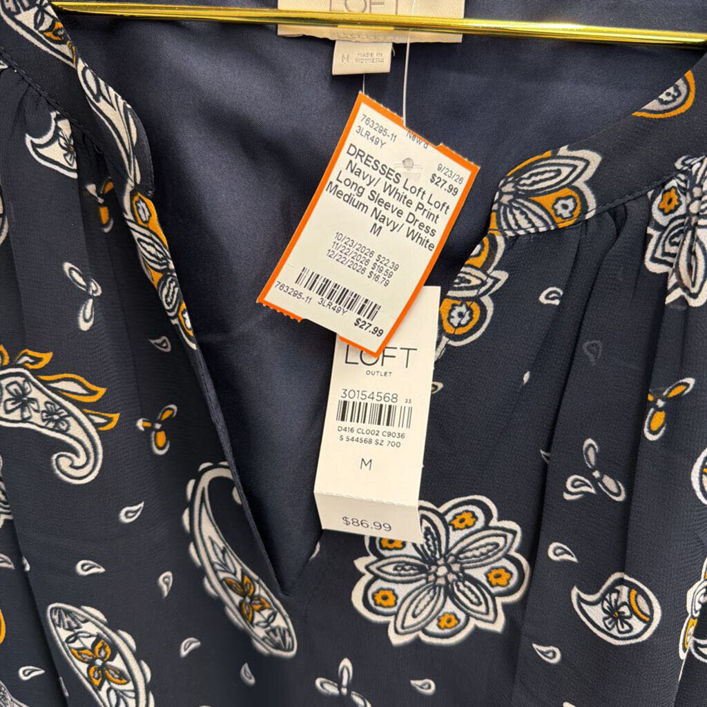 Loft Navy/ White Print Long Sleeve Dress Medium