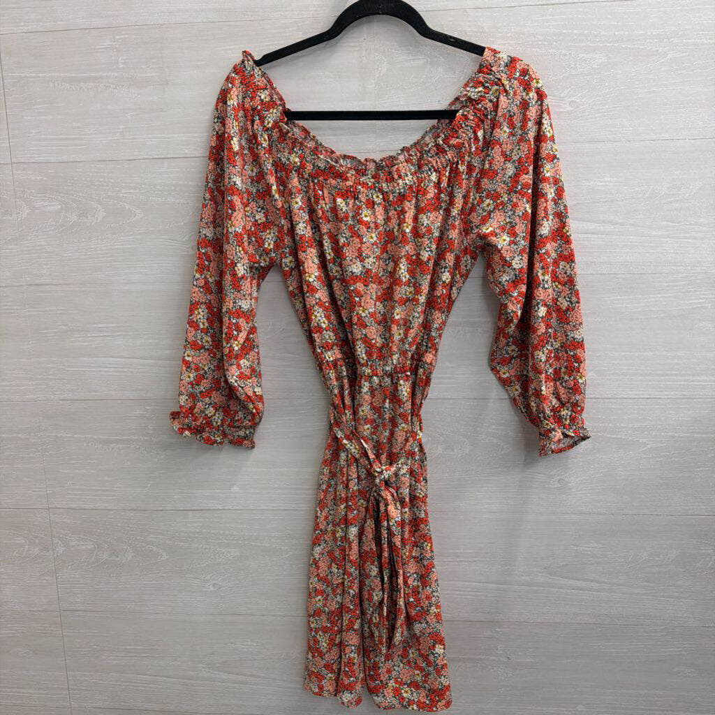 Loft Red/ Pink Floral Print Long Sleeve Tie Waist Dress 6