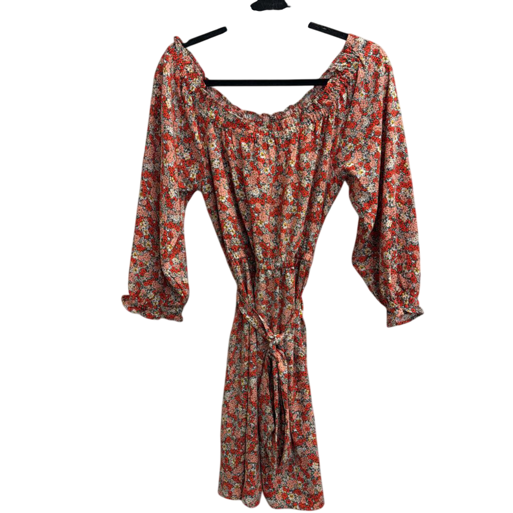 Loft Red/ Pink Floral Print Long Sleeve Tie Waist Dress 6