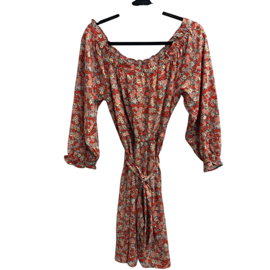 Loft Red/ Pink Floral Print Long Sleeve Tie Waist Dress 6