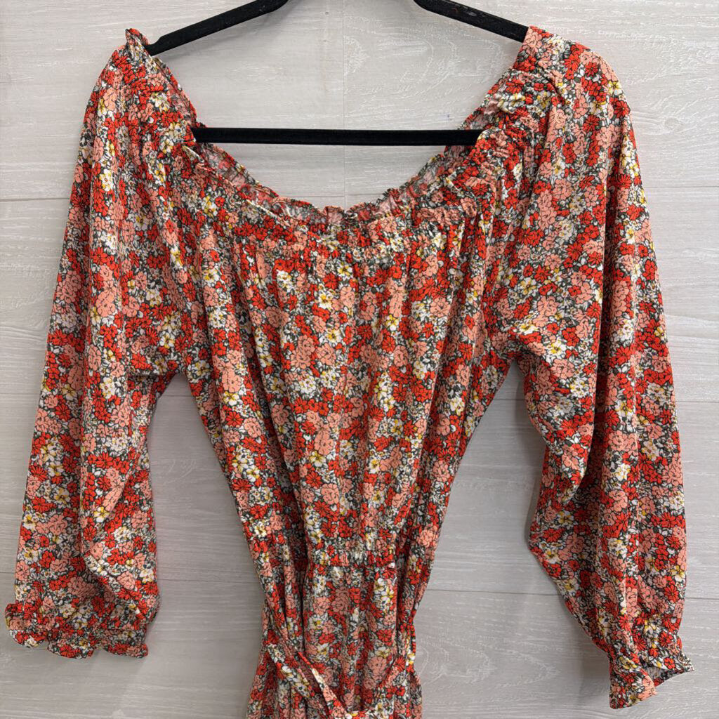Loft Red/ Pink Floral Print Long Sleeve Tie Waist Dress 6