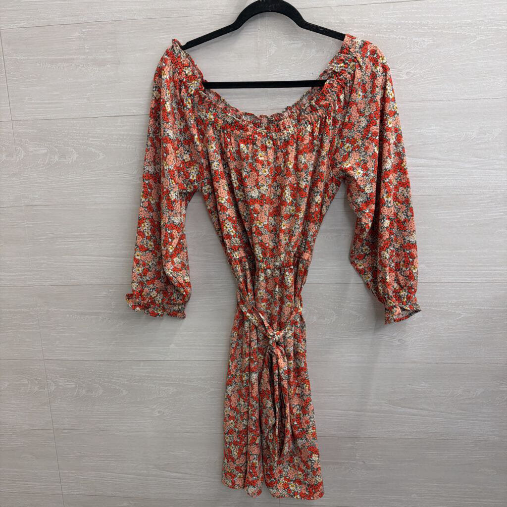 Loft Red/ Pink Floral Print Long Sleeve Tie Waist Dress 6