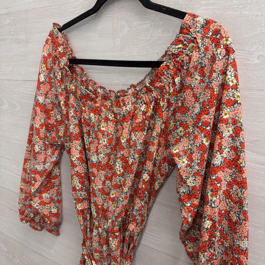 Loft Red/ Pink Floral Print Long Sleeve Tie Waist Dress 6