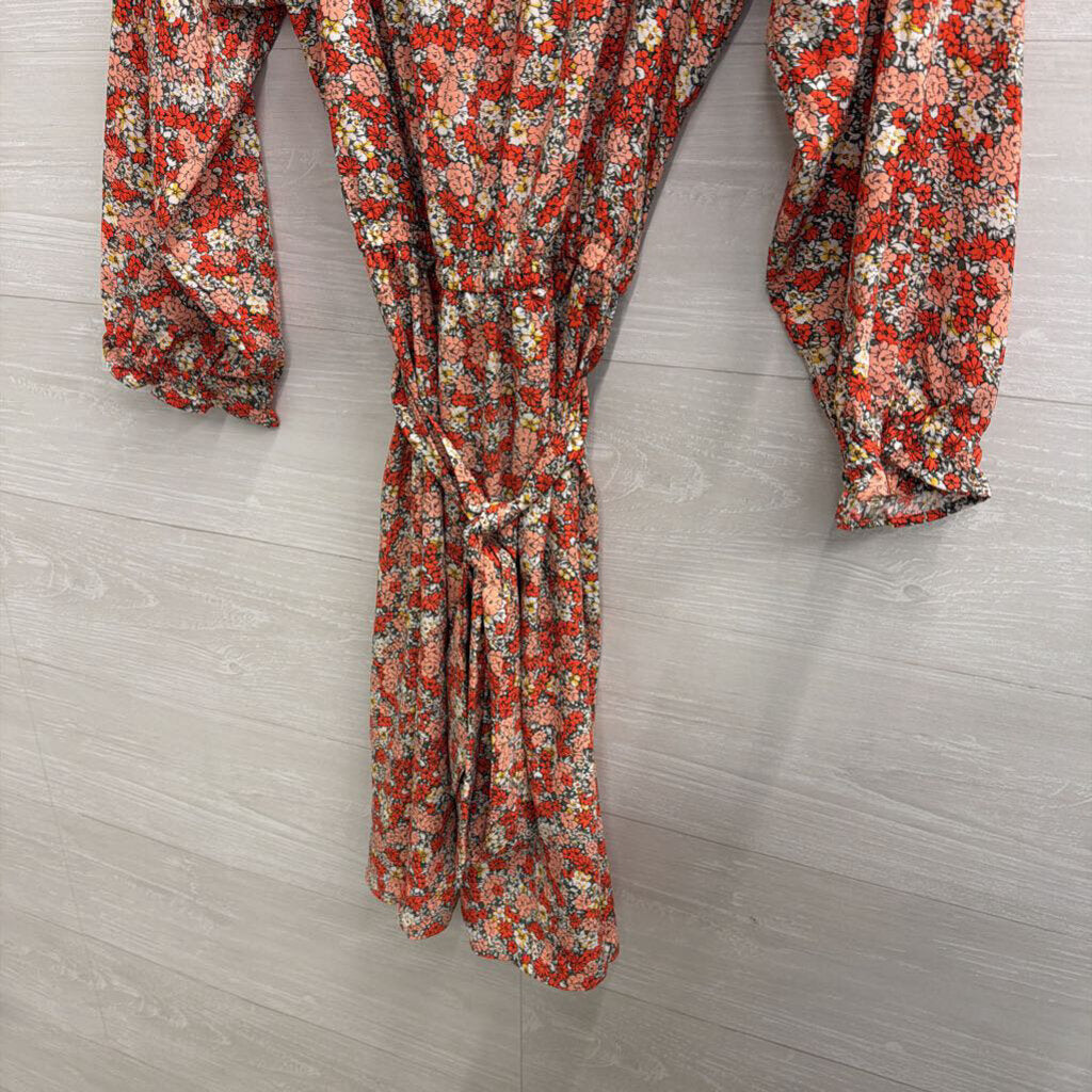 Loft Red/ Pink Floral Print Long Sleeve Tie Waist Dress 6