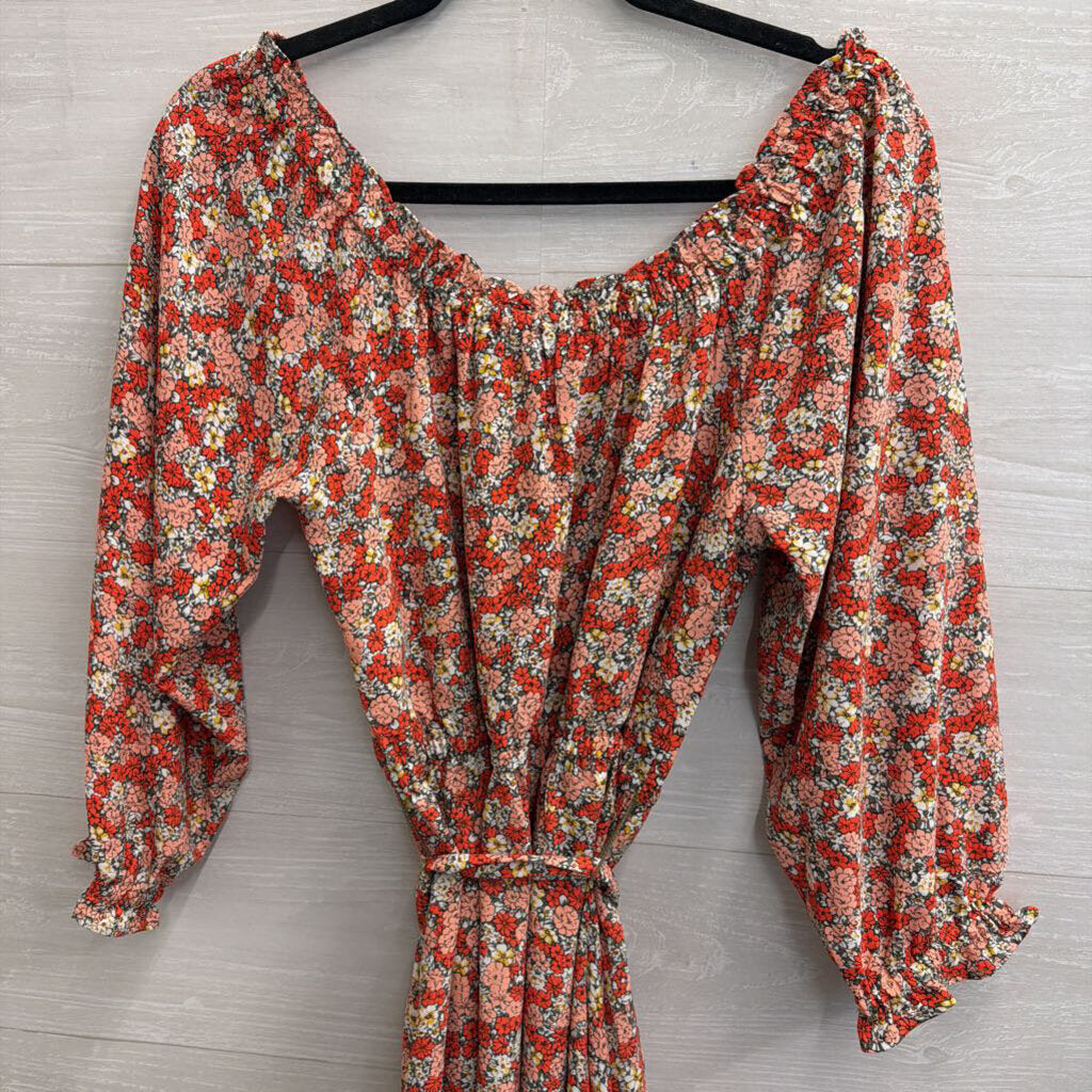 Loft Red/ Pink Floral Print Long Sleeve Tie Waist Dress 6