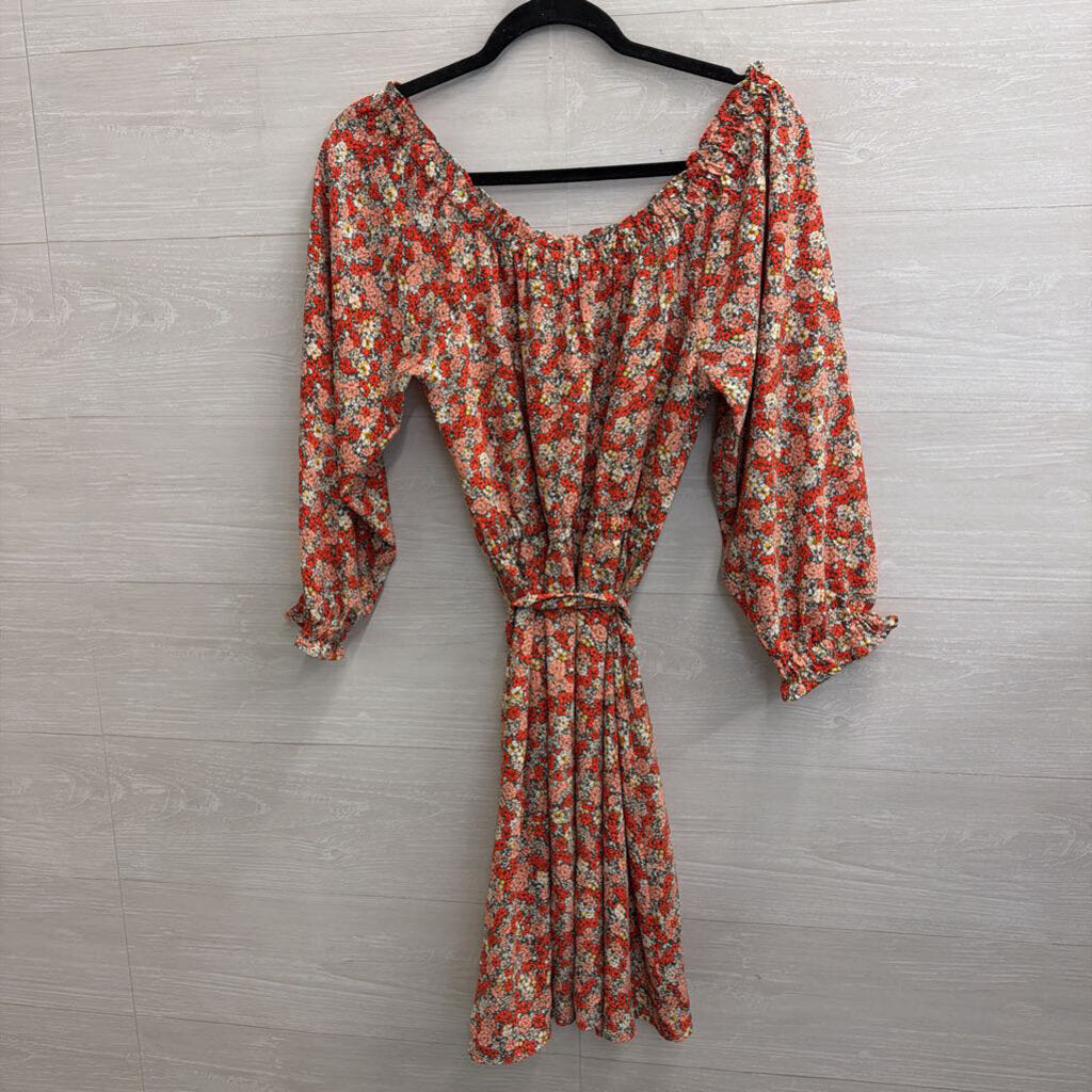 Loft Red/ Pink Floral Print Long Sleeve Tie Waist Dress 6