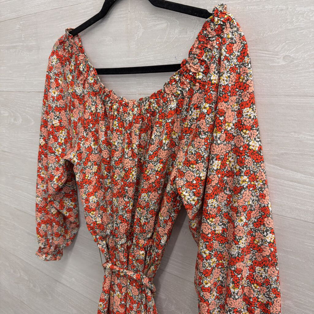Loft Red/ Pink Floral Print Long Sleeve Tie Waist Dress 6