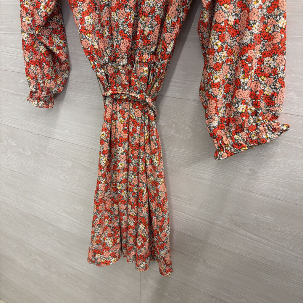 Loft Red/ Pink Floral Print Long Sleeve Tie Waist Dress 6