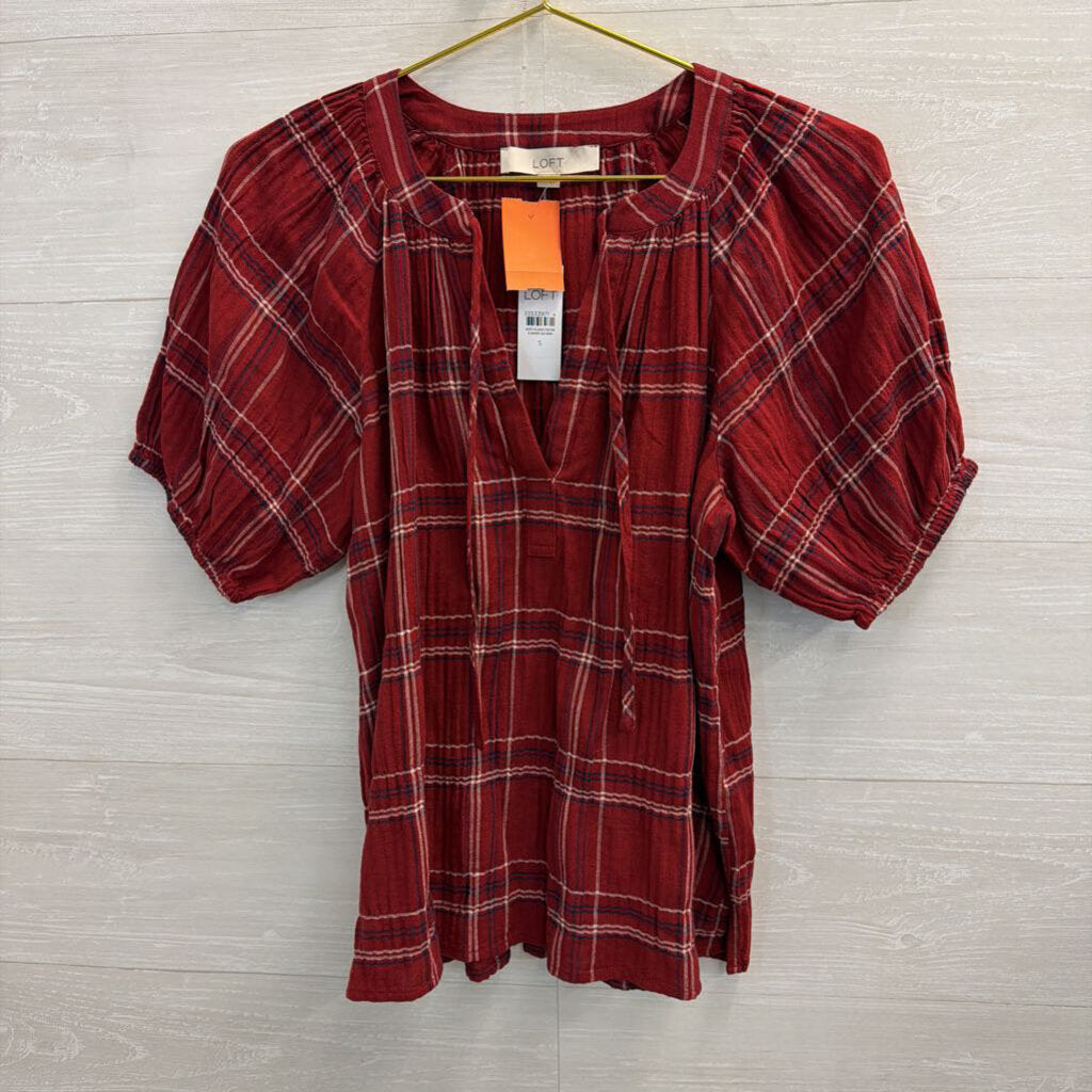 Loft Red Plaid Short Puff Sleeve Top Small