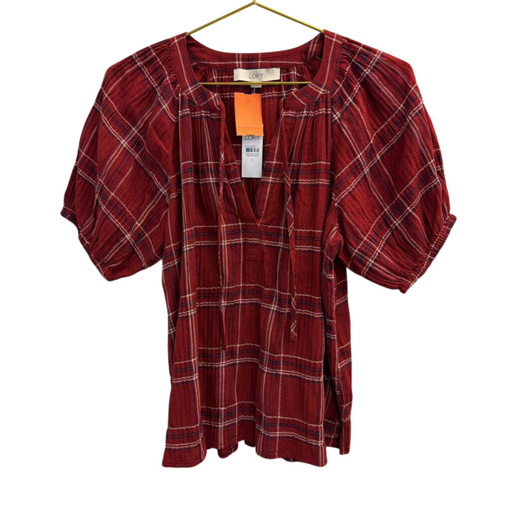 Loft Red Plaid Short Puff Sleeve Top Small