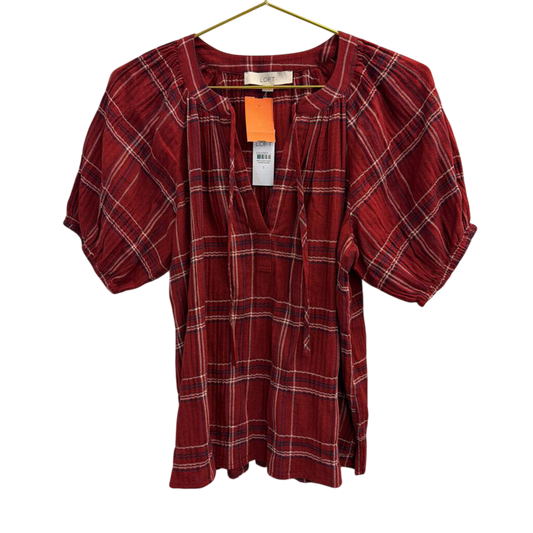 Loft Red Plaid Short Puff Sleeve Top Small