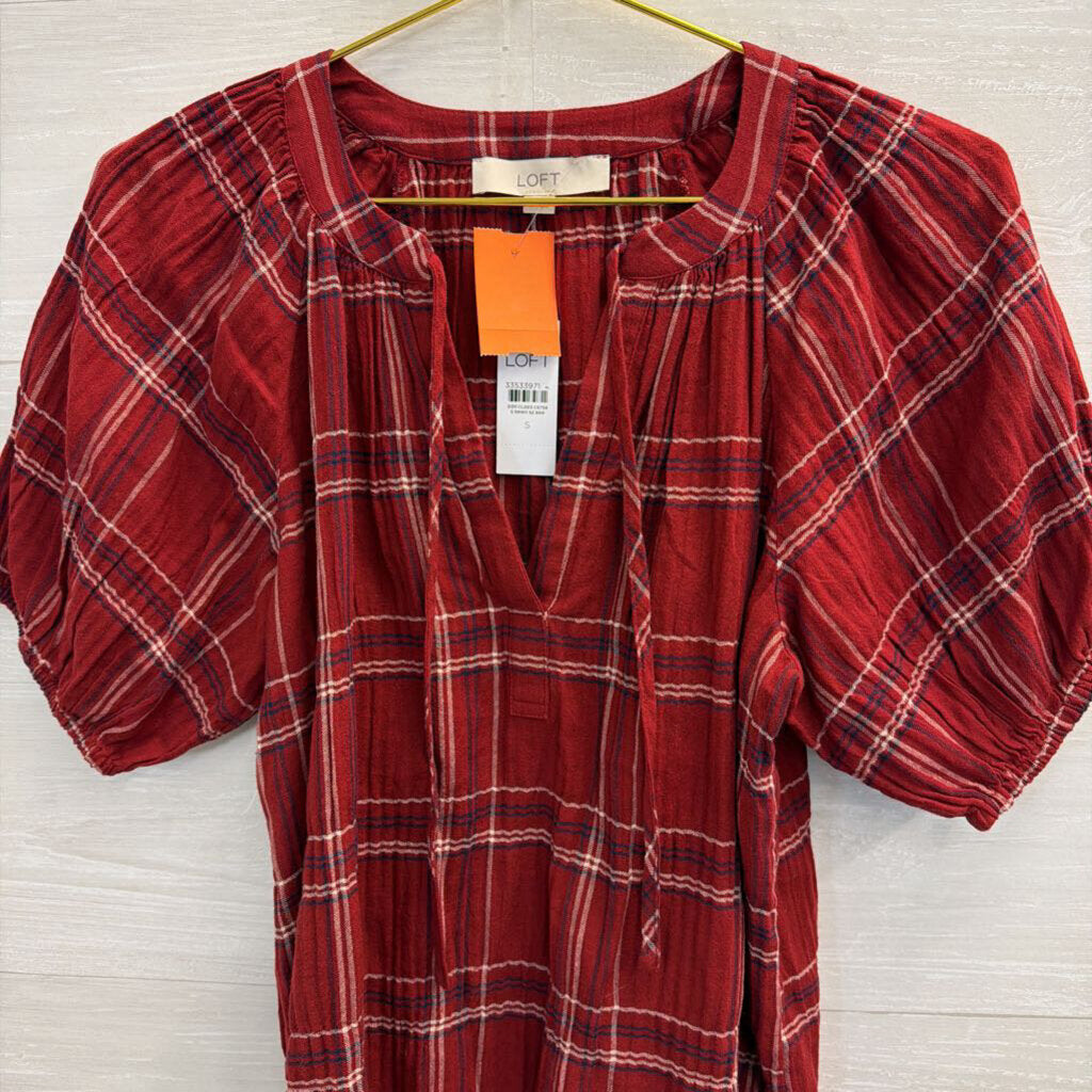 Loft Red Plaid Short Puff Sleeve Top Small