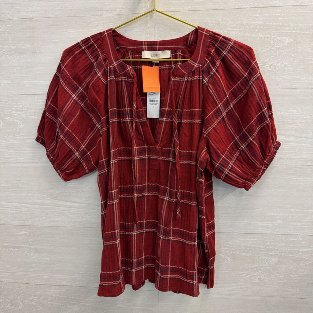 Loft Red Plaid Short Puff Sleeve Top Small